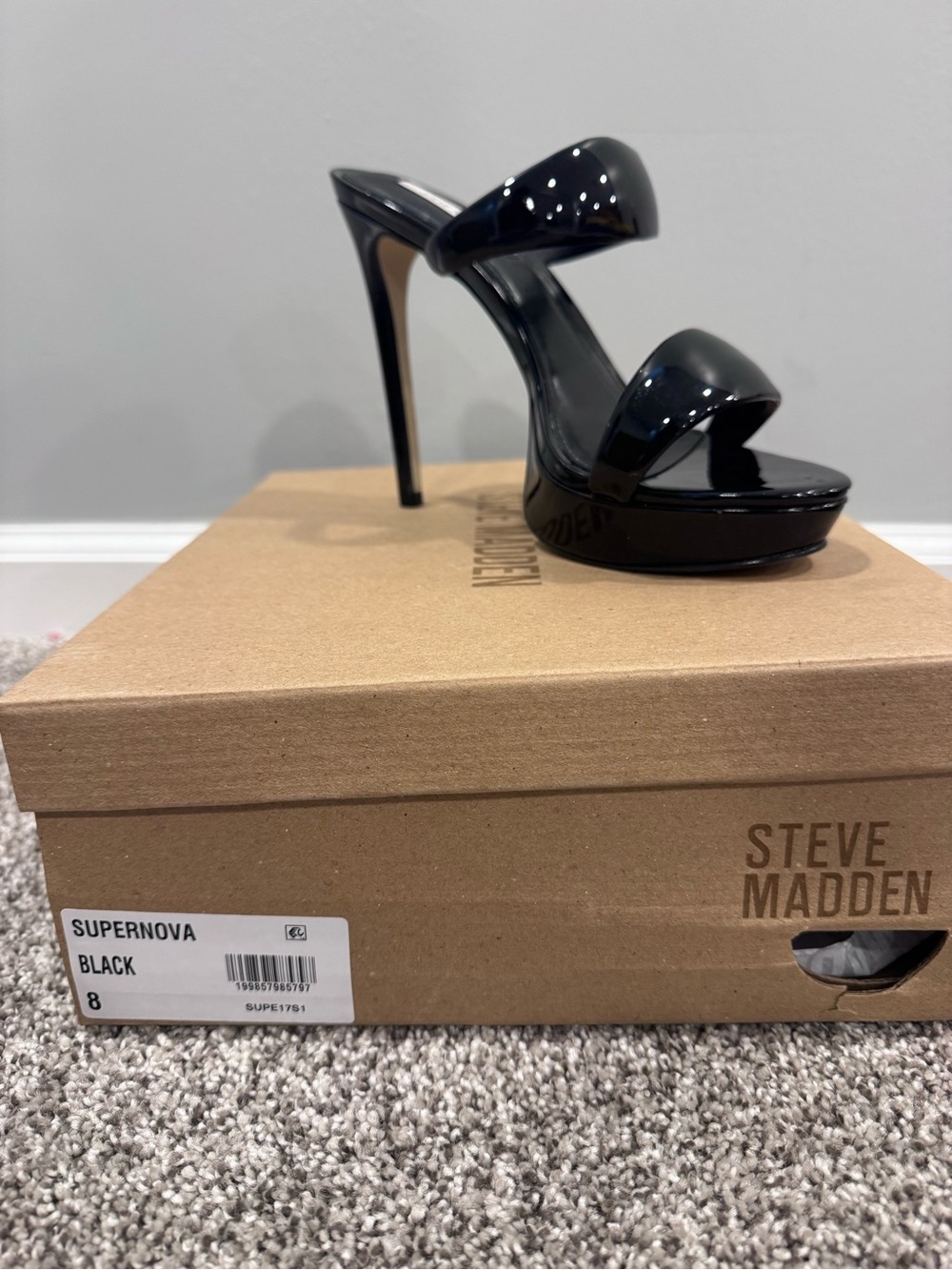 Steve Madden Supernova Black Patent Two-Band Stiletto Slide